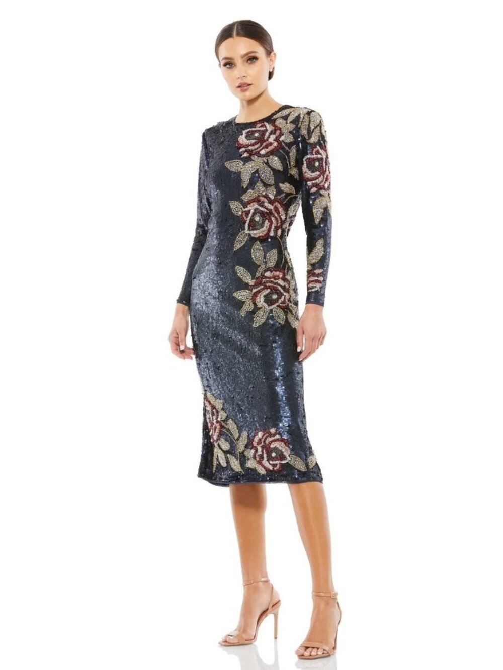 Mac Duggal 93624 Midnight Sequin Floral Long Sleeve Midi Dress Size 16 NWT